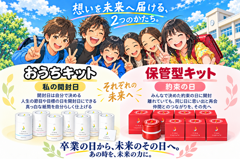 赤い保管型キットと白いおうちキットの未来での再会の仕方を比較した画像